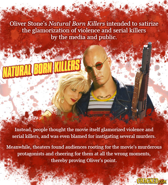 Oliver Stone's Natural Born Killers intended to satirize the glamorization of violence and serial killers by the media and public. NATURAL BORN KILLER
