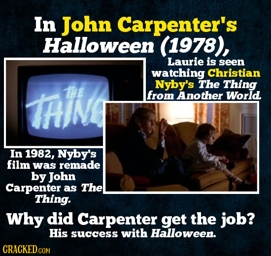 In John Carpenter's Halloween (1978), Laurie is seen watching Christian Nyby's The Thing HIN THE from Another World. In 1982, Nyby's film was remade b