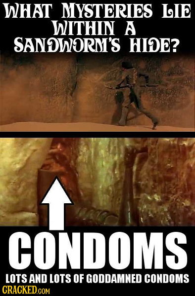 WHAT MIYSTERIES LIE WITHIN A SANDWORMI'S HIDE? CONDOMS LOTS AND LOTS OF GODDAMNED CONDOMS 