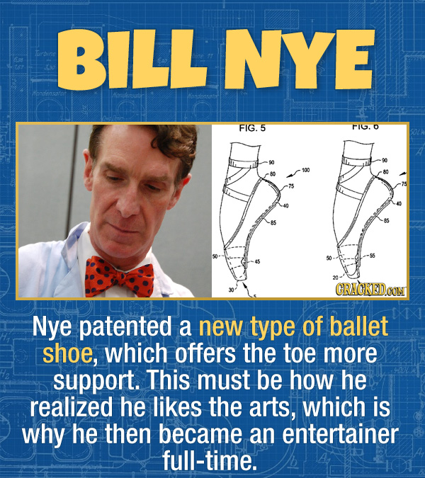 17 Unexpected Accomplishments of Famous People - Nye patented a new type of ballet shoe, which offers the toe more support. This must be how he realiz