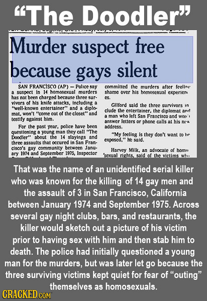 The Doodler Murder suspect free because gays silent SAN FRANCISCO (AP) Poltce say committed the murders after feelin a suspect in 14 homosexual murd
