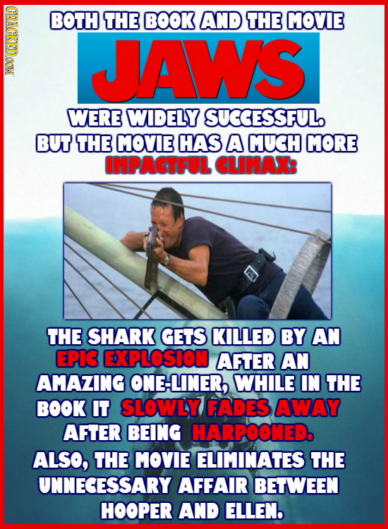 CRACKED.OOM BOTH THE BOOK AND THE MOVIE JAWS WERE WIDELY SUCCESSFUL BUT THE MOVIE HAS A MUCH MORE IMPACTFUL CLIMAX: THE SHARK GETS KILLED BY AN EPIG E