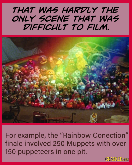 THAT WAS HARDLY THE ONLY SCENE THAT WAS DIFFICULT TO FILM. For example, the Rainbow Conection finale involved 250 Muppets with over 150 puppeteers i