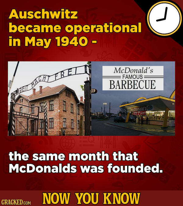 Auschwitz became operational in May 1940 - MeDonald's FAMOUS BARBECUE Elir sMcDonald's the same month that McDonalds was founded. NOW YOU KNOW CRACKED