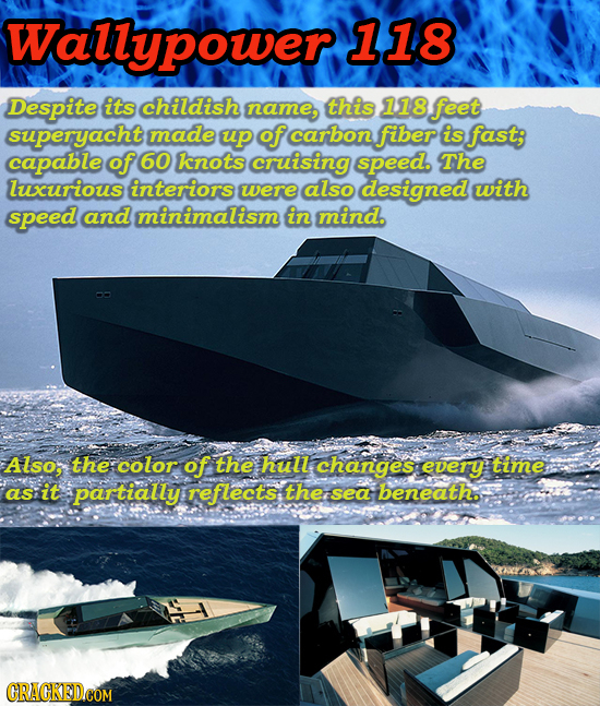 Waliypower 118 Despite its childish name, this 118 feet superyacht made up of carbon fiber is fast; capable of 60 knots cruising speed. The luxurious