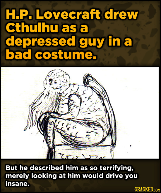 Super-Weird Early Versions Of Famous Characters - H.P. Lovecraft drew Cthulhu as a depressed guy in a bad costume.