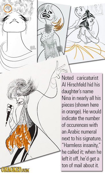Noted caricaturist Al Hirschfeld hid his daughter's name Nina in nearly all his pieces (shown here in orange). He would indicate the number of occuren