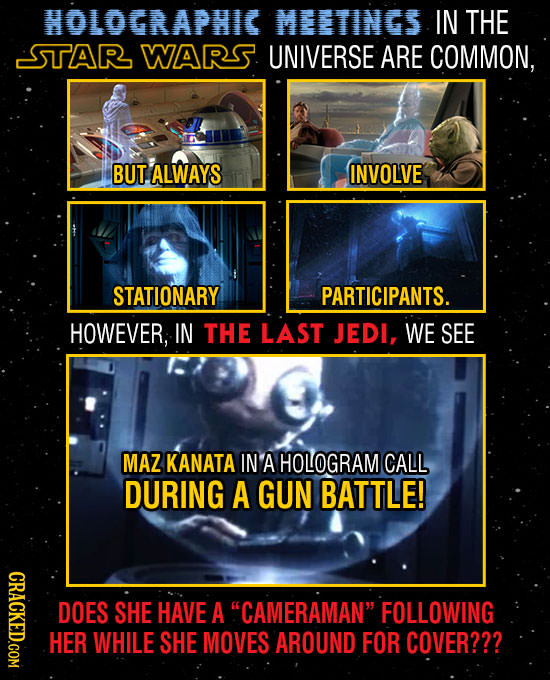 HOLOGRAPHIC MEETINGS IN THE STAR WARS UNIVERSE ARE COMMON, BUT ALWAYS INVOLVE STATIONARY PARTICIPANTS. HOWEVER; IN THE LAST JEDI, WE SEE MAZ KANATA IN