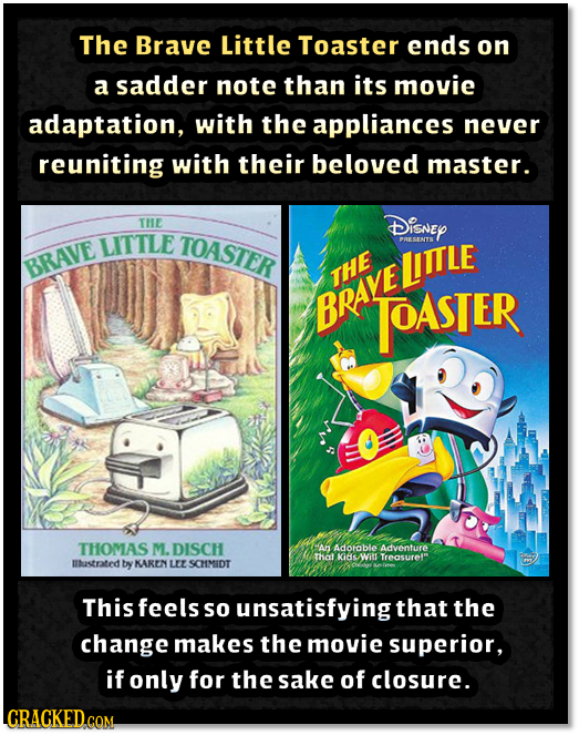 The Brave Little Toaster ends on a sadder note than its movie adaptation, with the appliances never reuniting with their beloved master. THE DISNEY LI