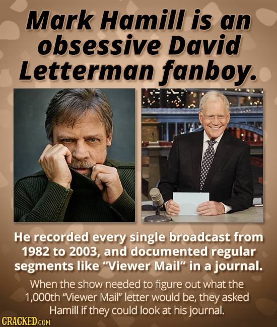 Mark Hamill is an obsessive David Letterman fanboy. He recorded every single broadcast from 1982 to 2003, and documented regular segments like Viewer