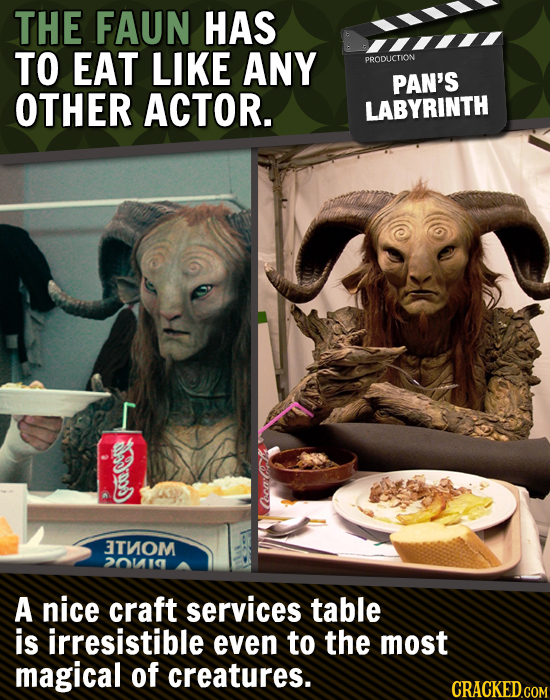 THE FAUN HAS TO EAT LIKE ANY PRODUCTION PAN'S OTHER ACTOR. LABYRINTH Go CecarCR 3TNOM 20110 A nice craft services table is irresistible even to the mo