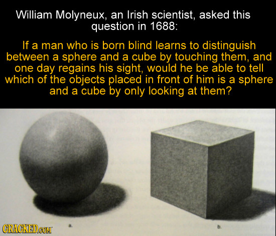 William Molyneux, an Irish scientist, asked this question in 1688: If a man who is born blind learns to distinguish between a sphere and a cube by tou
