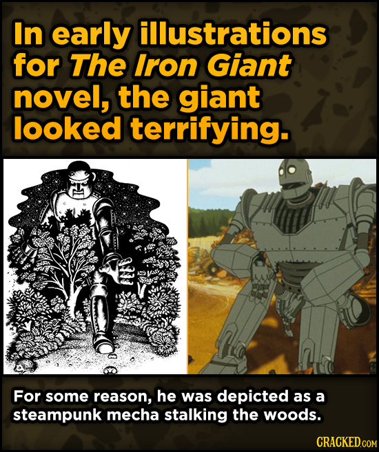 Super-Weird Early Versions Of Famous Characters - In early illustrations for The Iron Giant novel, the giant looked terrifying.