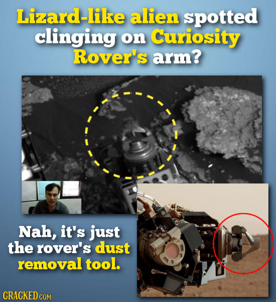 Lizard-like alien spotted clinging on Curiosity Rover's arm? Nah, it's just the rover's dust removal tool. 