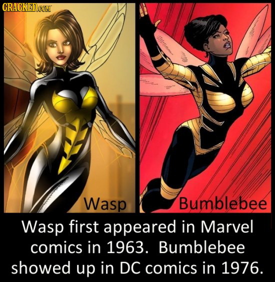 CRACKEDCOMT Wasp Bumblebee Wasp first appeared in Marvel comics in 1963. Bumblebee showed up in DC comics in 1976.