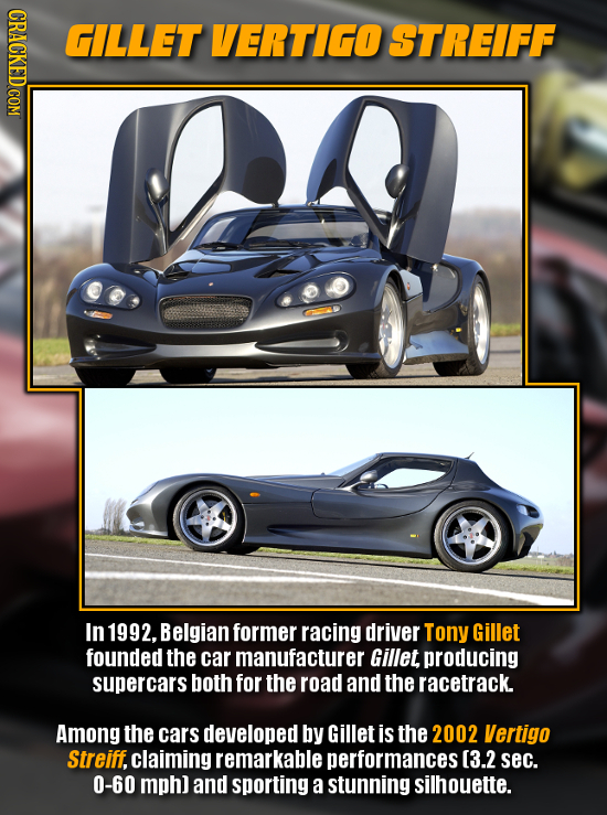 GILLET VERTIGO STREIFF In 1992. Belgian former racing driver Tony Gillet founded the car manufacturer Gillet producing supercars both for the road and