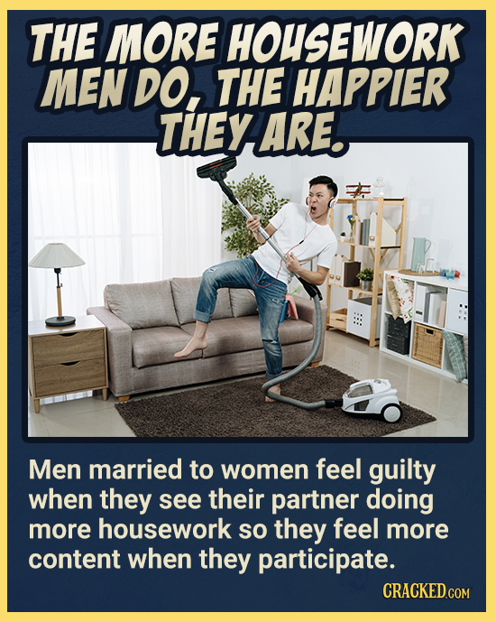 THE MORE HOUSEWORK MEN DO, THE HAPPIER THEY ARE. Men married to women feel guilty when they see their partner doing more housework so they feel more c
