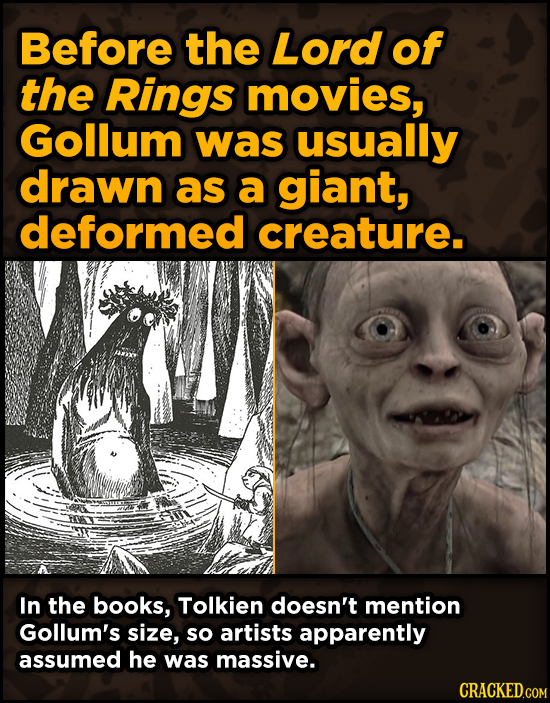 Before the Lord of the Rings movies, Gollum was usually drawn as a giant, deformed creature. In the books, Tolkien doesn't mention Gollum's size, so a