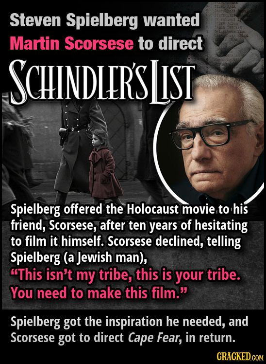 Steven Spielberg wanted Martin Scorsese to direct SCHINDLERSI LIST Spielberg offered the Holocaust movie to his friend, Scorsese, after ten years of h