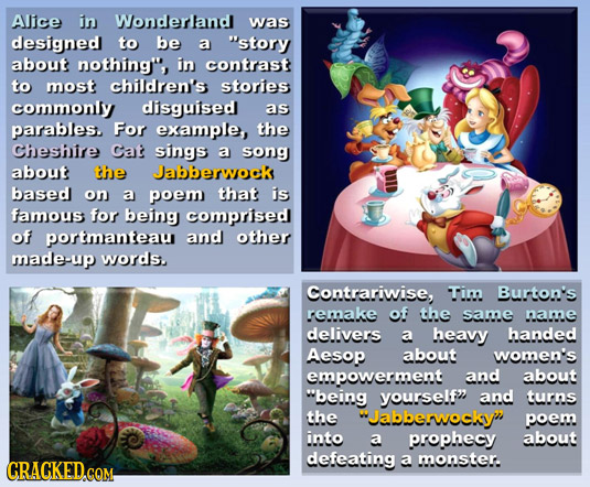 Alice in Wonderland Was designed to be a story about nothing, in contrast to most children's stories commonly disguilsed as parables. For example, t