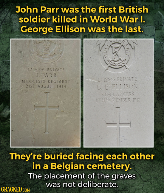 John Parr was the first British soldier killed in World War I. George Ellison was the last. L/14196 PRIVATE J. PARR 112543 PRIVATE MIDDLESEX REGIMENT