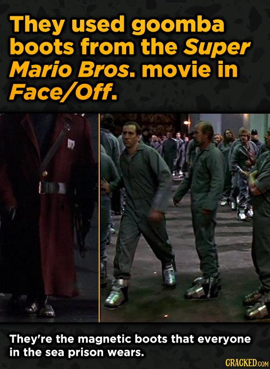 Iconic Movies You Didn’t Know Reused Their Props And Sets - They used goomba boots from the Super Mario Bros. movie in Face Off.