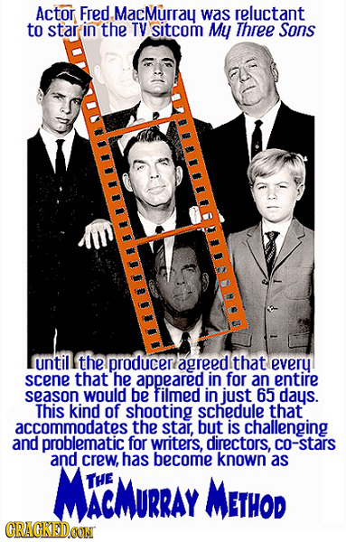 Actor Fred.MacMurray was reluctant to star in the TV sitcom My Three Sons until the producer agreed that every scene that he appeared in for an entire