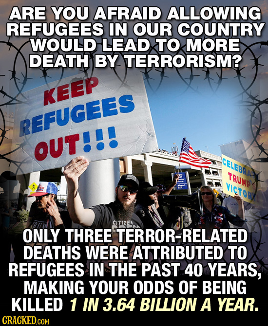 ARE YOU AFRAID ALLOWING REFUGEES IN OUR COUNTRY WOULD LEAD TO MORE DEATH BY TERRORISM? KEEP REFUGEES OUT!!! CELEB TRUMP VICTOR CITIZEN ONLY THREE TERR