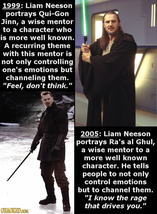 1999: Liam Neeson portrays Qui-Gon Jinn, a wise mentor to a character who is more well known. A recurring theme with this mentor is not only controlli