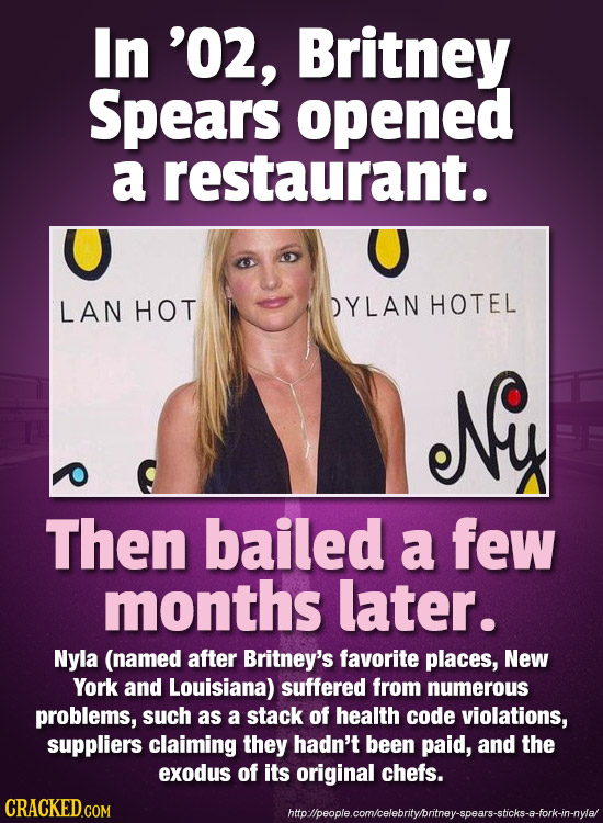 In '02, Britney Spears opened a restaurant. LAN HOT DYLAN HOTEL Ny Then bailed a few months later. Nyla (named after Britney's favorite places, New Yo