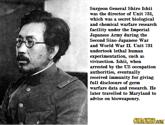 Surgeon General Shiro Ishii was the director of Tnit 731, which was a secret biological and chemical warfare research facility under the Lmperial Japa