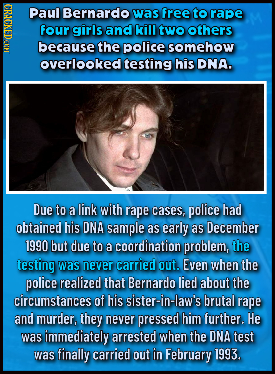 NOO Paul Bernardo was free to rape four girls and kill two others because the police somehow overlooked testing his DNA. Due to a link with rape cases