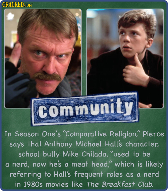 CRACKEDCO COM community In Season One's Comparative Religion Pierce says that Anthony Michael Hall's character, school bully Mike Chilada, used to