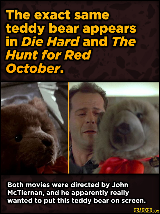 Iconic Movies You Didn’t Know Reused Their Props And Sets - The exact same teddy bear appears in Die Hard and The Hunt for Red October.