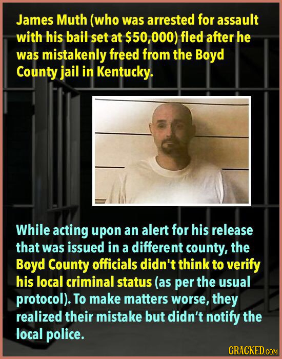 James Muth (who was arrested for assault with his bail set at $50,000) fled after he was mistakenly freed from the Boyd County jail in Kentucky. While