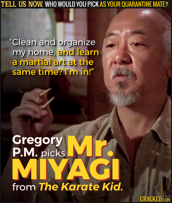 TELL US NOW. WHO WOULD YOU PICK AS YOUR QUARANTINE MATE? Clean and organize my home, and learn a martial art at the same time? I'm in! Gregory Mr. P