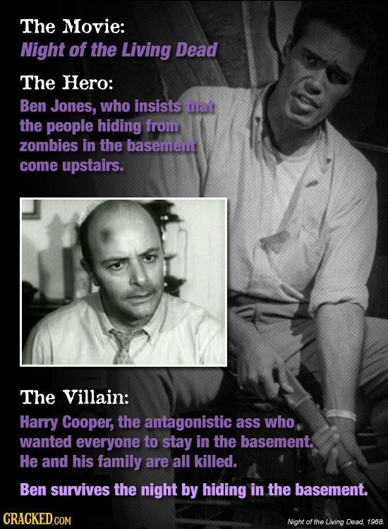 The Movie: Night of the Living Dead The Hero: Ben Jones, who insists that the people hiding from zombies in the basement come upstairs. The Villain: H