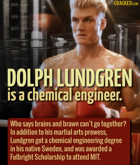 CRACKEDcO R DOLPH LUNDGREN is a chemical engineer. Who says brains and brawn can't go together? In addition to his martial arts prowess, Lundgren got