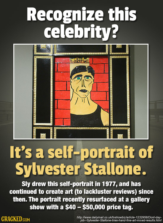 Recognize this celebrity? It's a lf-portrait of Sylvester Stallone. Sly drew this self-portrait in 1977, and has continued to create art (to lackluste