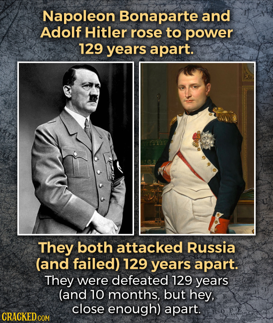 Napoleon Bonaparte and Adolf Hitler rose to power 129 years apart. They both attacked Russia (and failed) 129 years apart. They were defeated 129 year