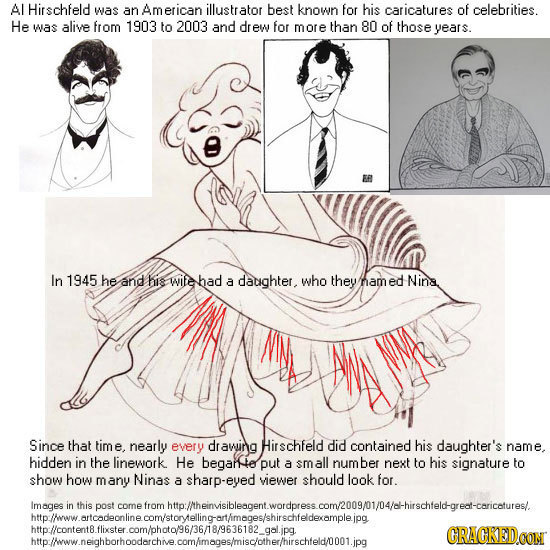 Al Hirschfeld was an American illustr ator best known for his caricatures of celebrities. He was alive from 1903 to 2003 and dr ew for more than 80 of