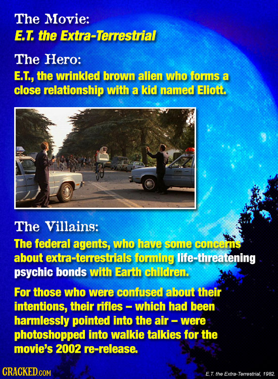 The Movie: E.T. the Extra-Terrestrial The Hero: E.T., the wrinkled brown alien who forms a close relationship with a kid named Eliott. The Villaing: T