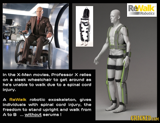 ReNalk Robotics ln the X-Meo movies, Professor x relies on a sleek wheelchair to get around as he's unable to walk due to a spinal cord injury. A ReWa