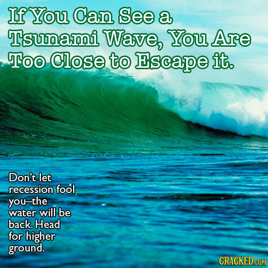 If You Can See a Tsunami Wave, You Are Too Close to Escape it. Don't let recession fool you-the water will be back. Head for higher ground. 