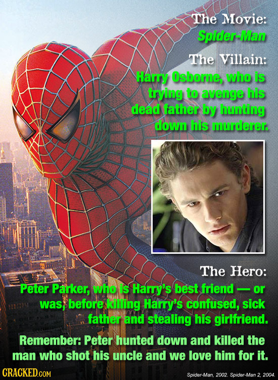 The Movie: Spider-IMan The Villain: Harry Osborne, who is trying to avenge his dead father by hunting down his murderer. The Hero: Peter Parker, who i