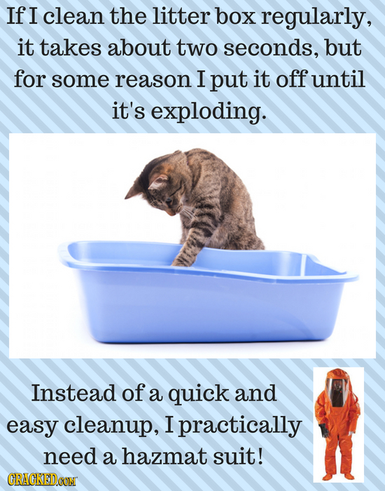 If I clean the litter box regularly, it takes about two seconds, but for some reason I put it off until it's exploding. Instead of a quick and easy cl