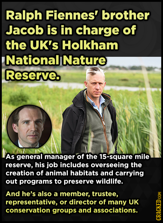 Ralph Fiennes' brother Jacob is in charge of the UK's Holkham Nationall Nature Reserve. As general manager of the 15-square mile reserve, his job incl