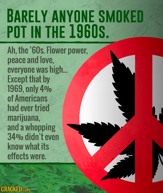 BARELY ANYONE SMOKED POT IN THE 1960s. Ah, the '60s. Flower power, peace and love, everyone was high... Except that by 1969, only 4o/ of Americans had