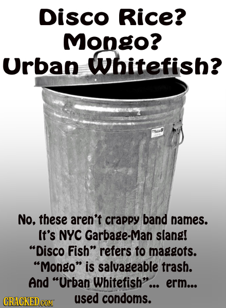 Disco Rice? Mongo? Urban Whitefish? 5osl No, these aren't crappy band names. It's NYC Garbage-Man slang! Disco Fish refers to maggots. Mongo is sa