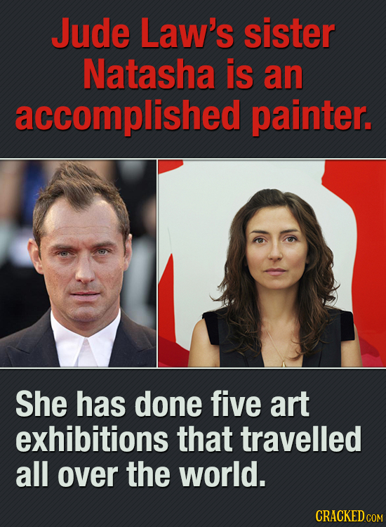 Jude Law's sister Natasha is an accomplished painter. She has done fiVE art exhibitions that travelled all over the world. CRACKED COM